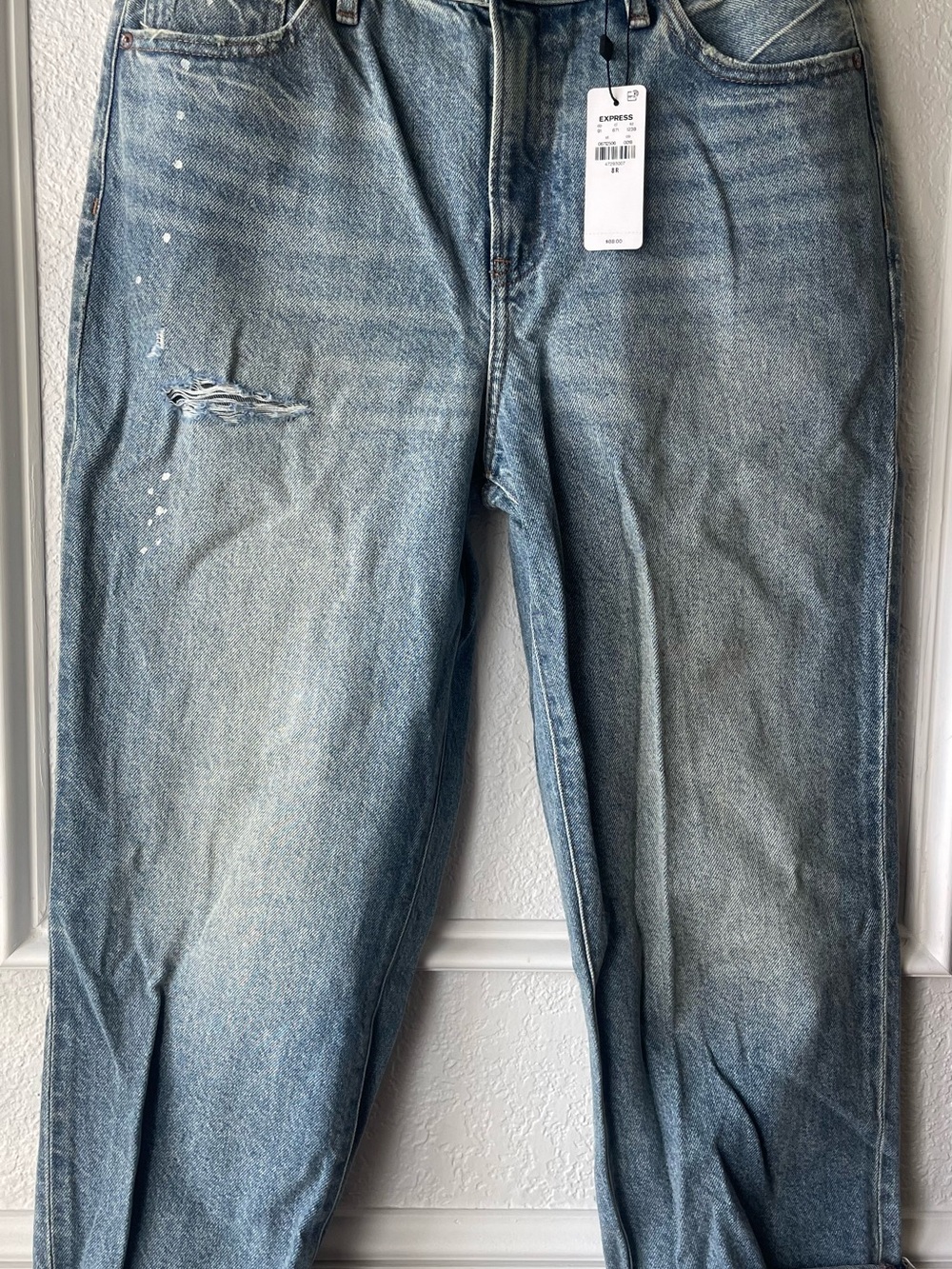 Express Straight-Leg Ankle High Rise Light Blue Distressed Jeans